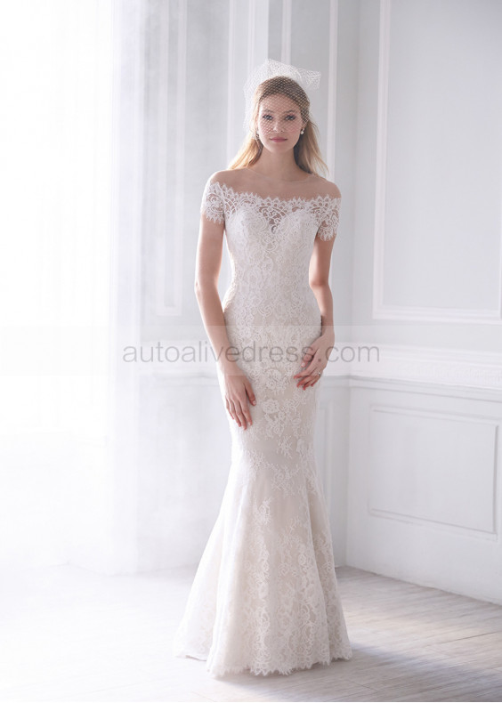 Off Shoulder Ivory Lace Wedding Dress With Buttons